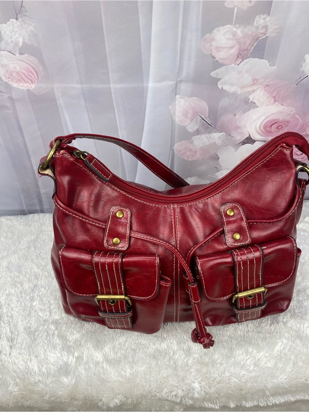 Classic Red Leather Shoulder Bag - Women's Handbag